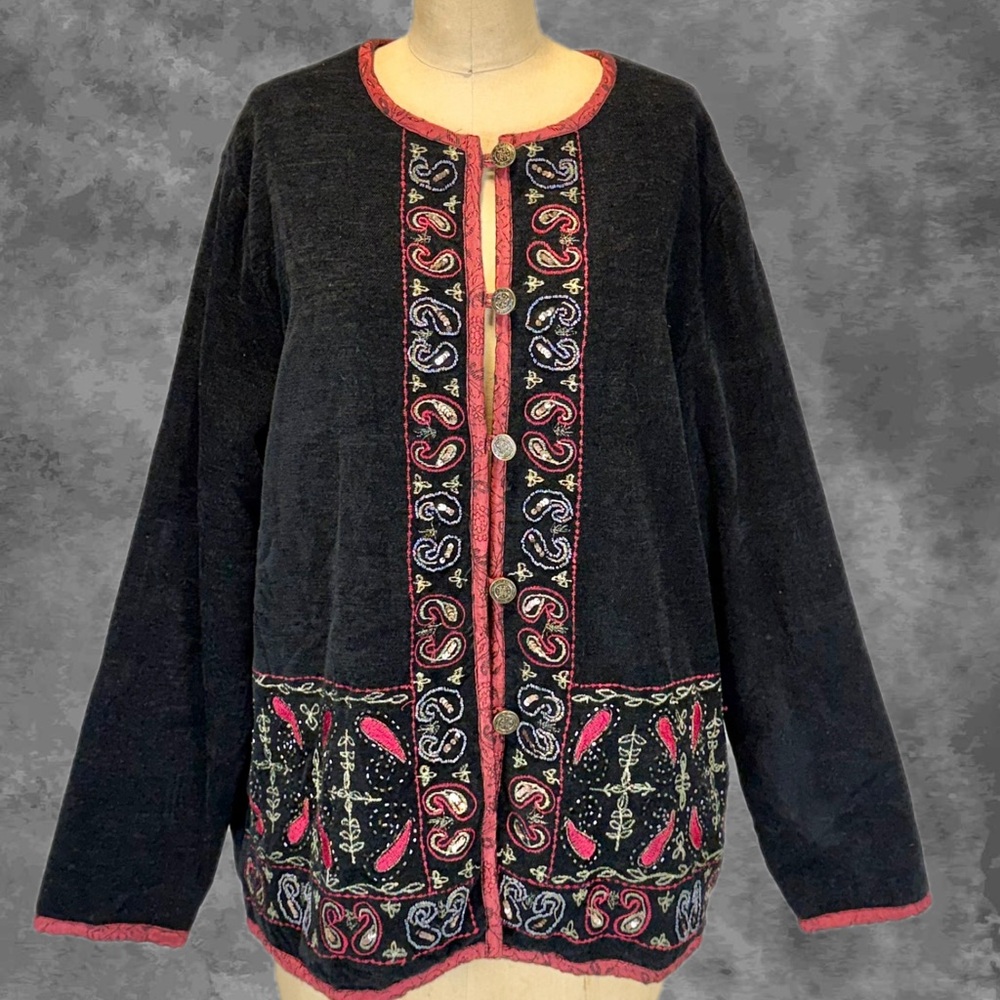 VINTAGE beaded embroidered floral jacket blazer cardigan chenille velvet 90s L